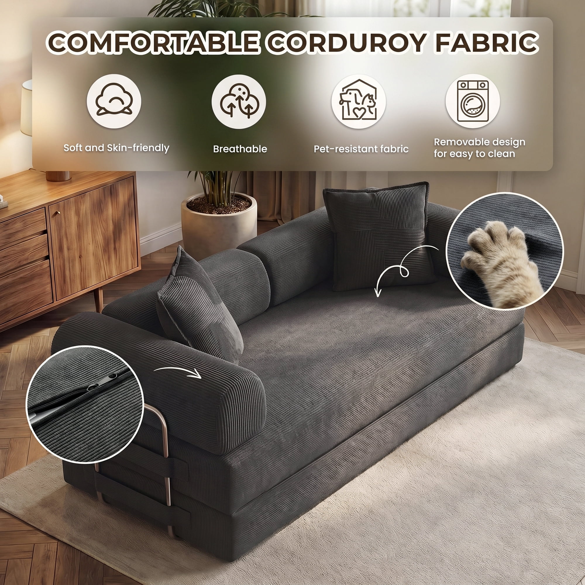 Aukfa 79" Convertible Futon Sofa Bed with Fixed Frame, 5-in-1 Boneless Couch for Living Room, Corduroy, Gray
