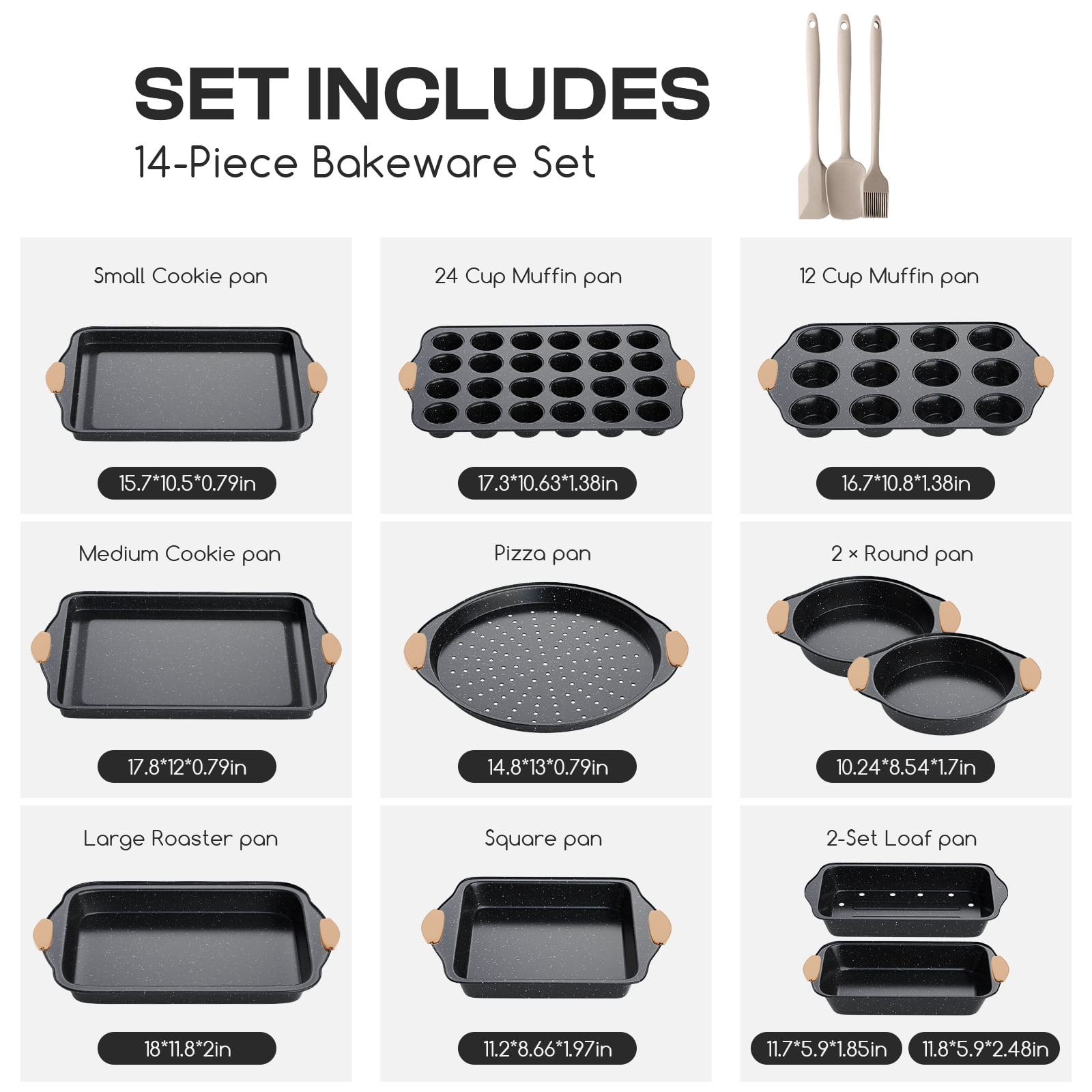 Slow Slog Nonstick Bakeware Set, 14-Piece Baking Pans Set, Stackable Baking Sheet Pans with Silicone Handles, Khaki&Black