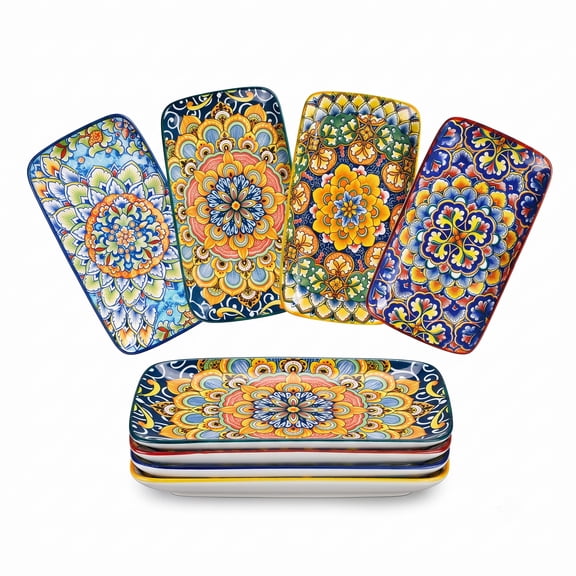 Onader 8.5” Serving Plates Set of 4, Rectangular Ceramic Dinner Plates for Salad Sushi Appetizers Desserts & Bread, Stackable Space-Saving Dishware, Microwave and Dishwasher Safe
