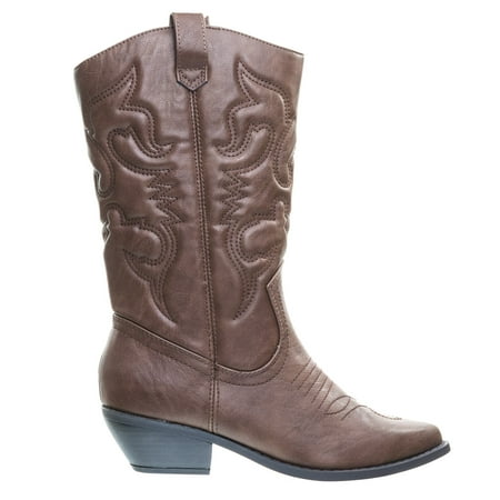 Reno by Soda, Cowboy Cowgirl Western Leatherette Stitch Detail Mid-Calf High Boots