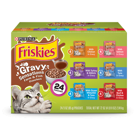 (24 Pack) Friskies Gravy Wet Cat Food Variety Pack, Gravy Sensations Farm & Fish Pouches, 3 oz.