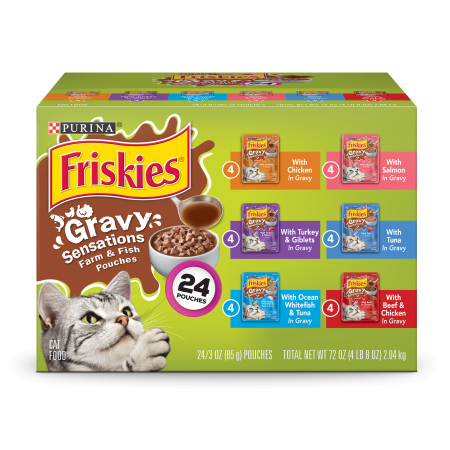 (24 Pack) Friskies Gravy Wet Cat Food Variety Pack, Gravy Sensations Farm & Fish Pouches, 3 oz. (Best Canned Fish To Eat)