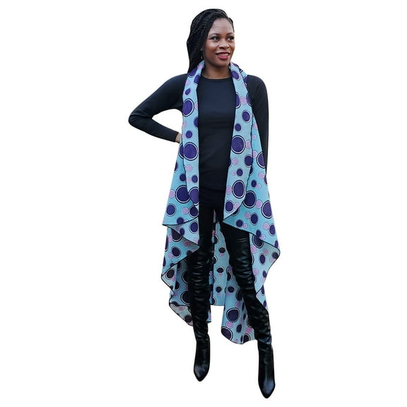 Blue African Print Fashion Shawl wrap with Armholes Light-weight with Belt