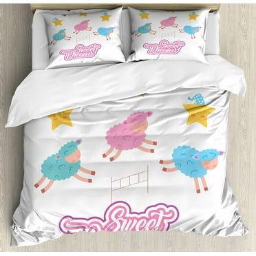 Sweet Dreams King Size Duvet Cover Set, Cartoon Sheep Jumping over Fences Colorful Farm Animal Design with Sleep Theme, Decorative 3 Piece Bedding Set with 2 Pillow Shams, Multicolor, by Ambesonne