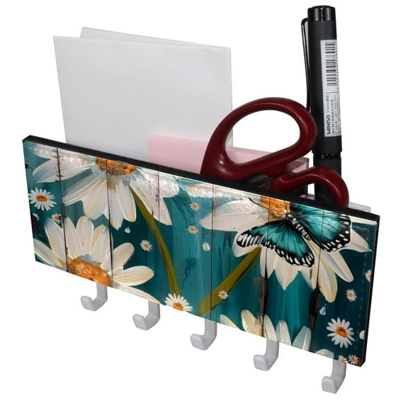 PhooArto Key Holder for Wall Decorative with 5 Key Hooks, Teal Daisy Butterfly Pattern Holders Wall Mount Organizer with Mail Key Rack, Self Adhesive