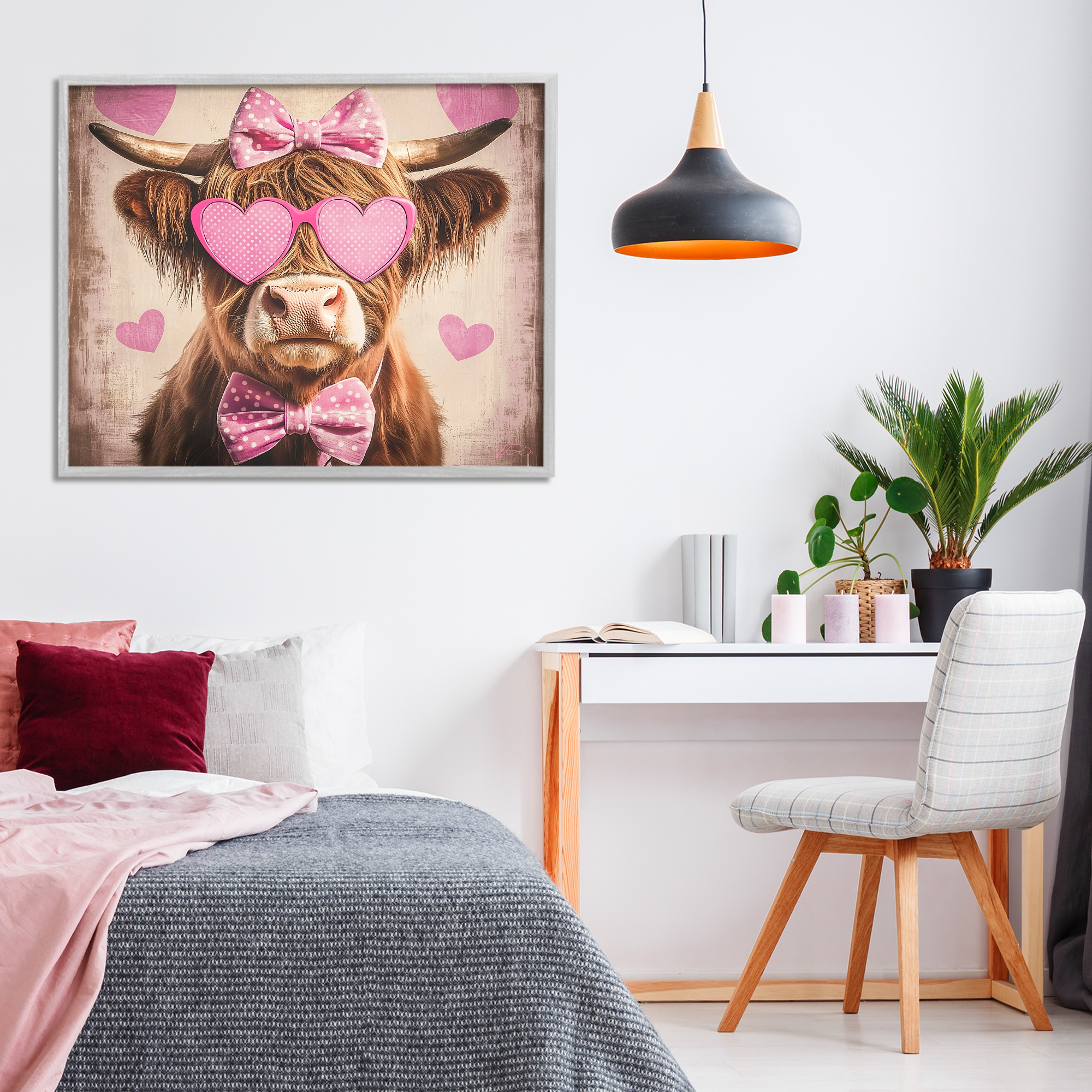 Cute Cattle Pink Hearts Gray Framed Giclee Art, design by Shawna Stewart