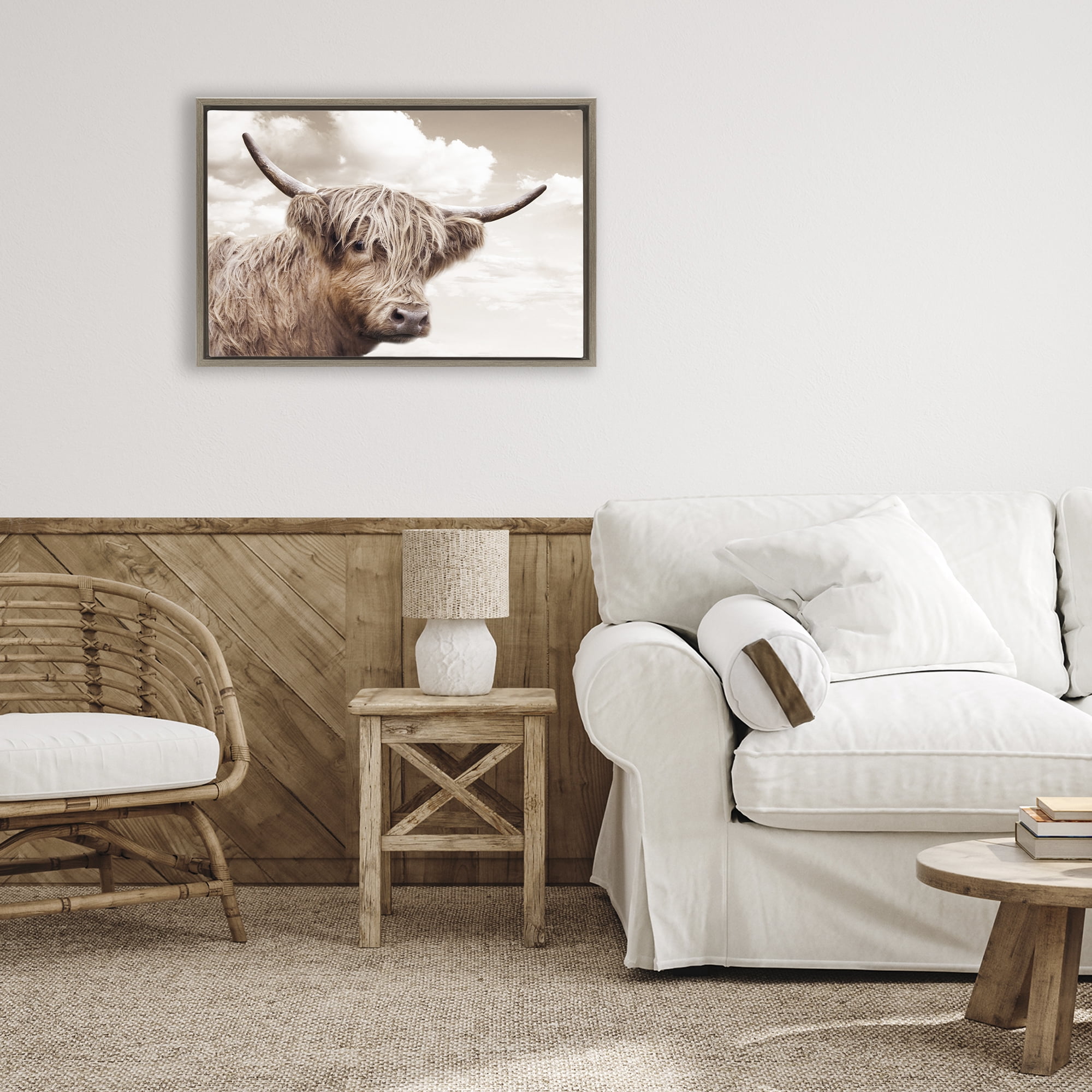 Stupell Industries Shaggy Highland Cow & Clouds Brown Framed Floater Canvas Wall Art, design by CAD Designs