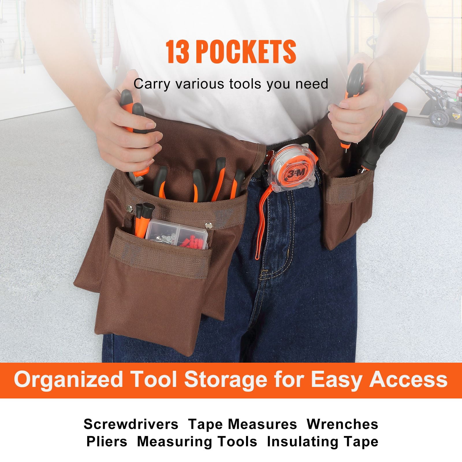 Polyester Tool Belt with Reinforced Stitching Rivets, Heavy Duty Adjustable Work Belt, Comfortable No-Itch Tool Pouch for DIY Construction Carpenter