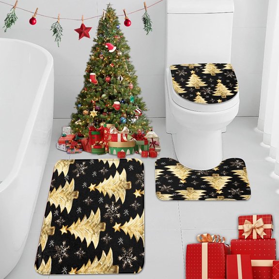 Merry Christmas Bathroom Rug Set of 3, Gold Tree Snowflake Black 3 Pieces Bath Mats Set, No Silp Washable Cover Floor Rug Decorations for Kitchen Bathroom Bedroom