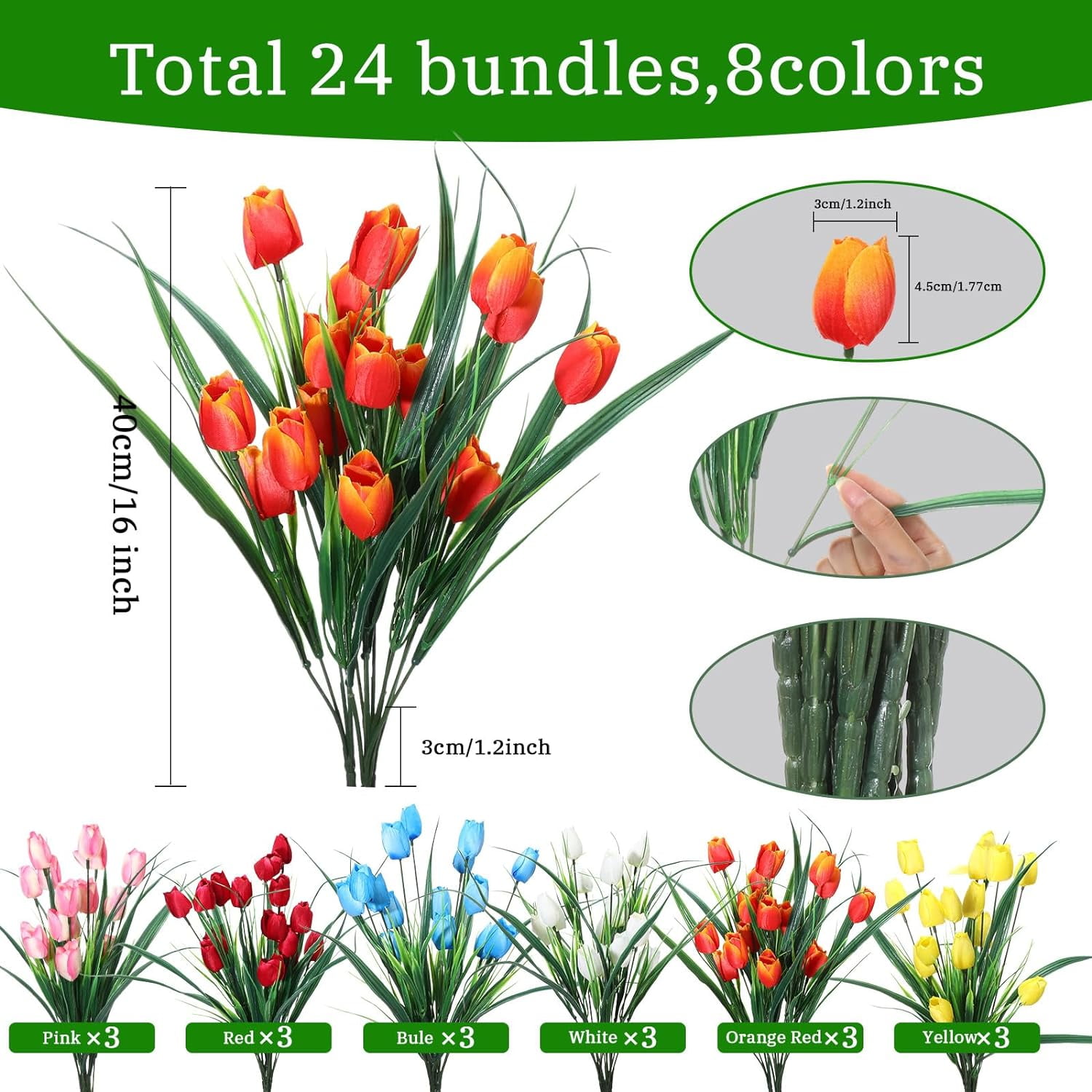 24 Bundles Artificial Tulips Fake Flowers UV Resistant Faux Realistic Tulip Flowers Faux Plastic Greenery Shrubs Plants for Wreath Home Room Office Party Wedding (Multicolor)