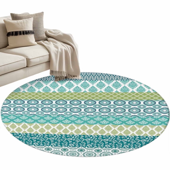 Teal Striped Round Area Rug 4 FT, Non Slip Indoor Outdoor Rug, Boho Modern Geometric Abstract Art Ethnic Washable Soft Circular Carpet Non-Shedding Floor Mat for Coffee Table Nursery Foyer Balcony