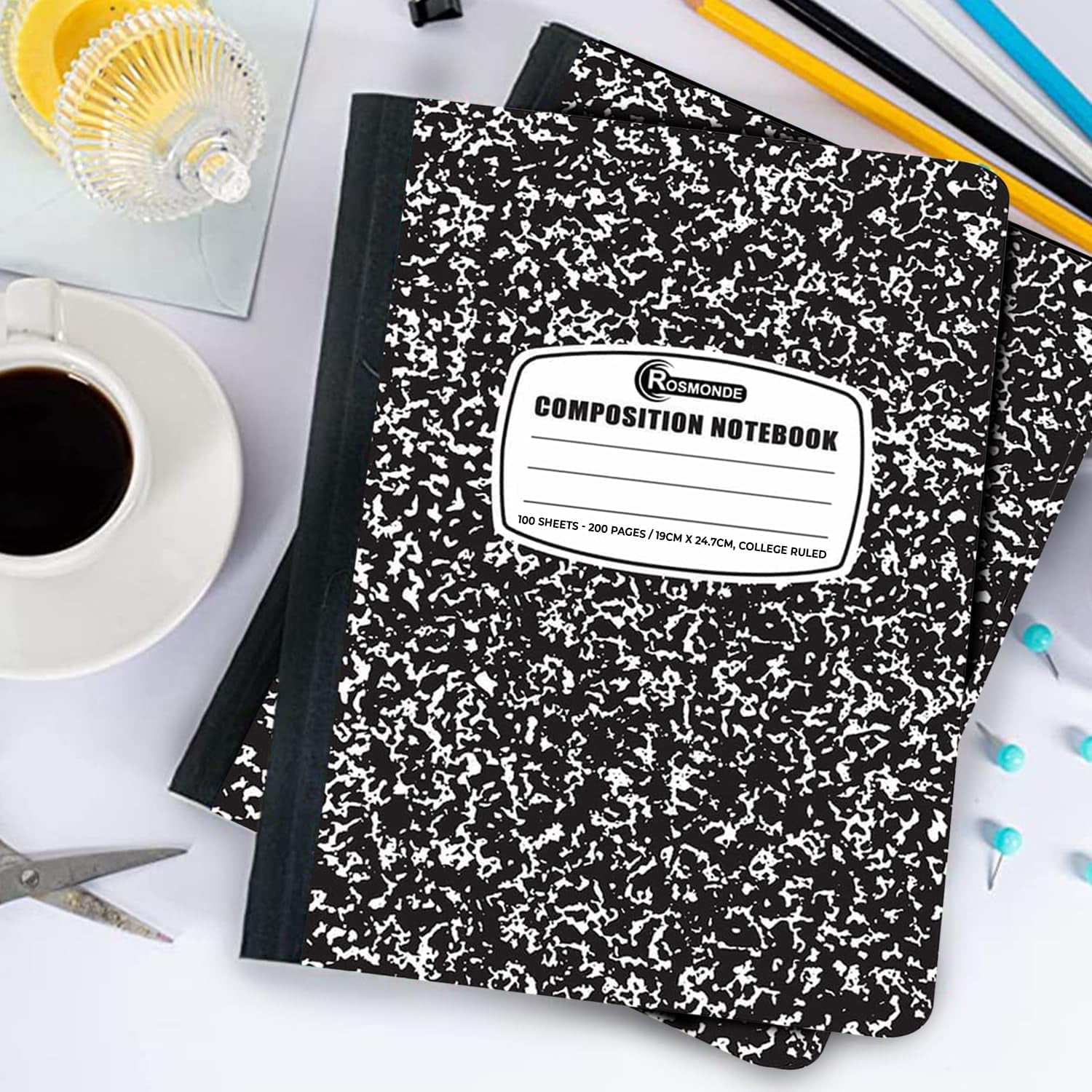 Rosmonde Composition Notebooks Bulk, 50 Pack, College Ruled, 200 Pages (100 Sheets), 9.75 x 7.5 in, Hard Cover Black Marble, Bulk Notebooks for School, College & Office Use