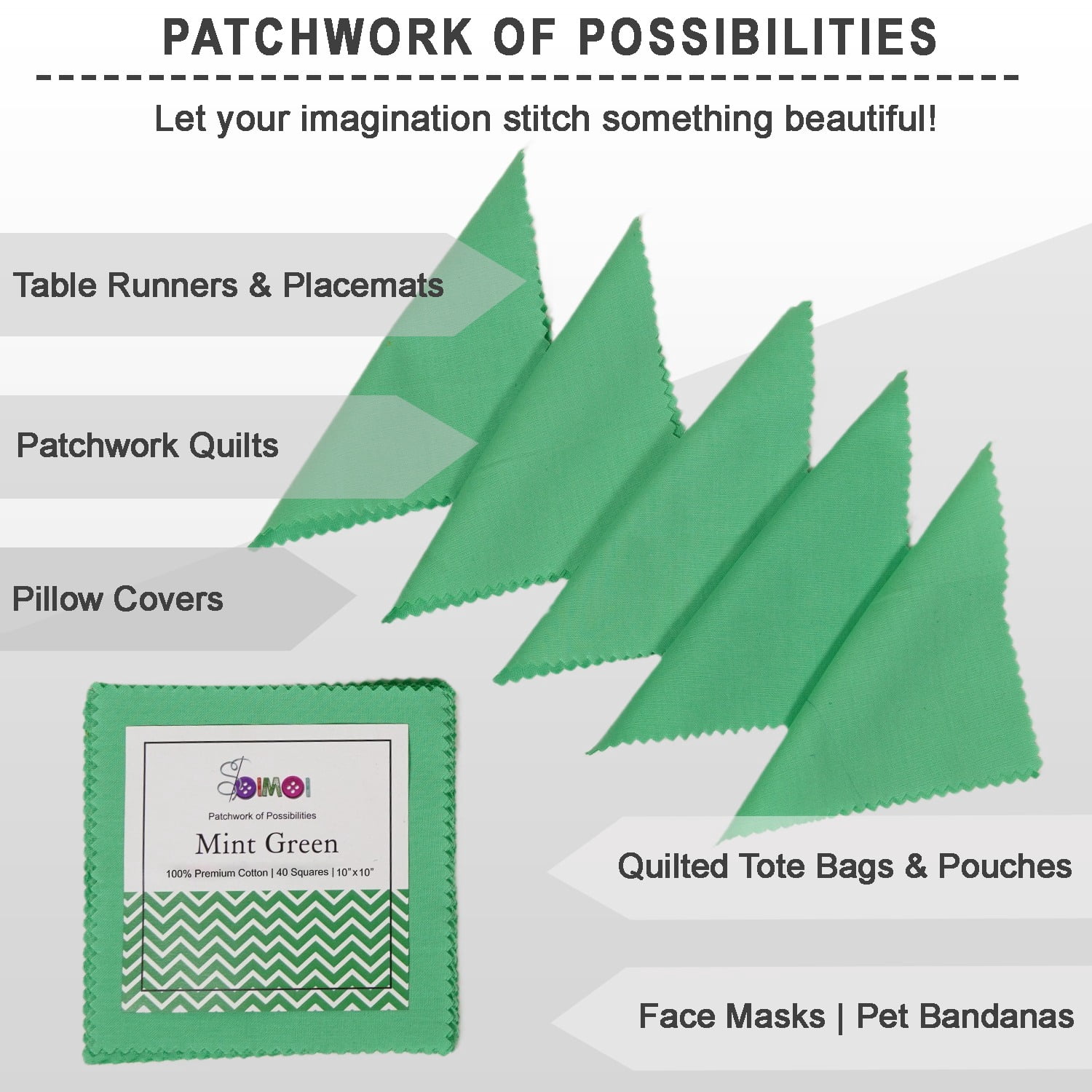 Soimoi 40 Pcs 10 x 10 inches Solid Quilting Fabric Bundles Precut, DIY Cotton Fabric Squares, Solid Layer Cakes Patchwork Materials for Crafts, Charm Squares for Quilts, Sewing - Mint Green