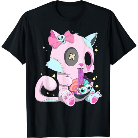 Vintage Kawaii Pastel Goth Witchy Cat eats Ramen Cute Creepy Cat T-Shirt S-5XL - Trending Birrthday Tee Gifts Vintage Tee -Birthday Gifts