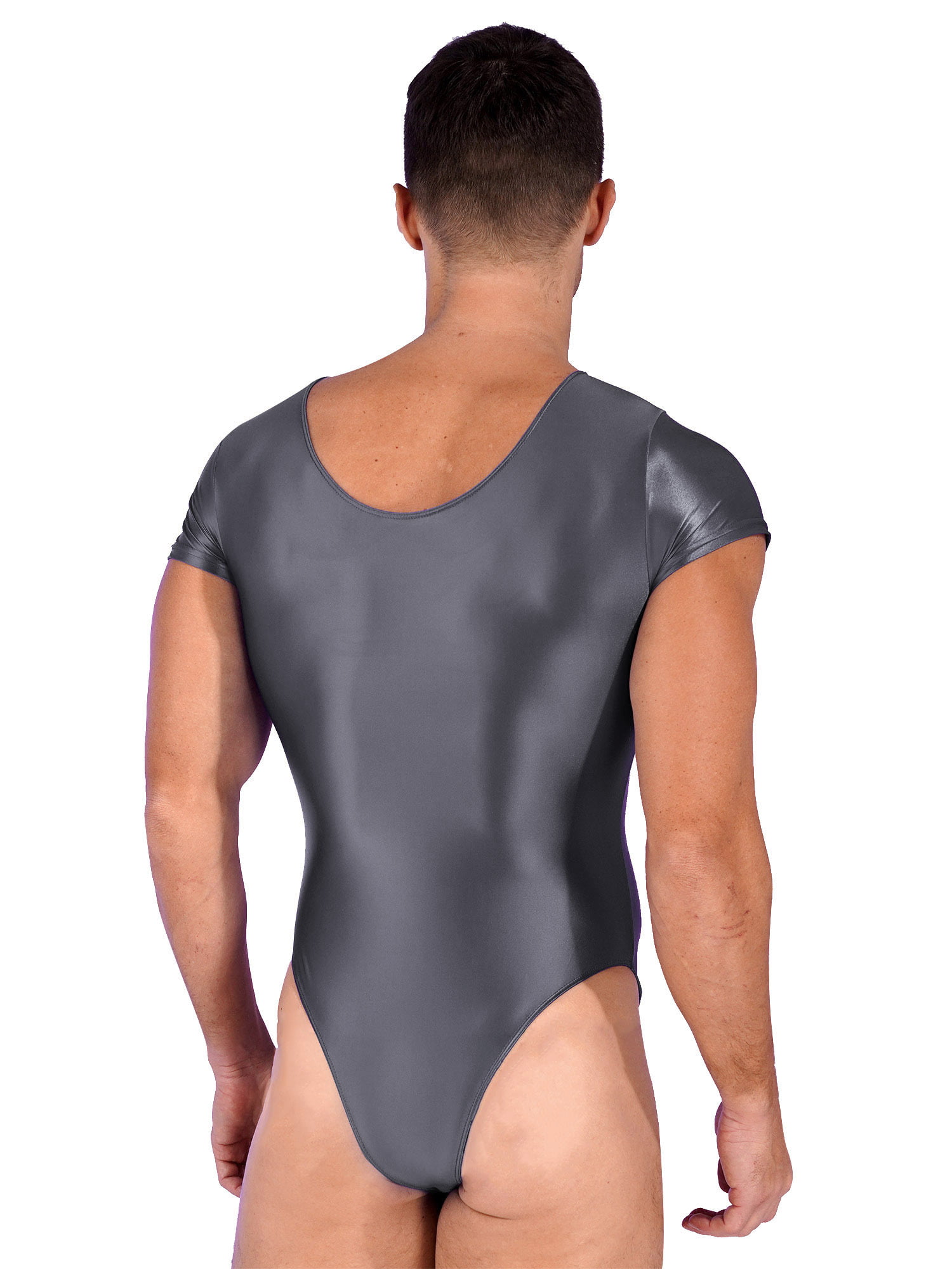 YIZYIF Mens Glossy High Cut Bodysuit Ballet Gymnastics Fitness Sportswear  Tight Oil Short Sleeve Thong Leotard Black XL 