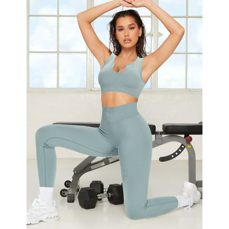 2 Piece Workout Sets for Women Seamless Yoga Outfits Ribbed Sports