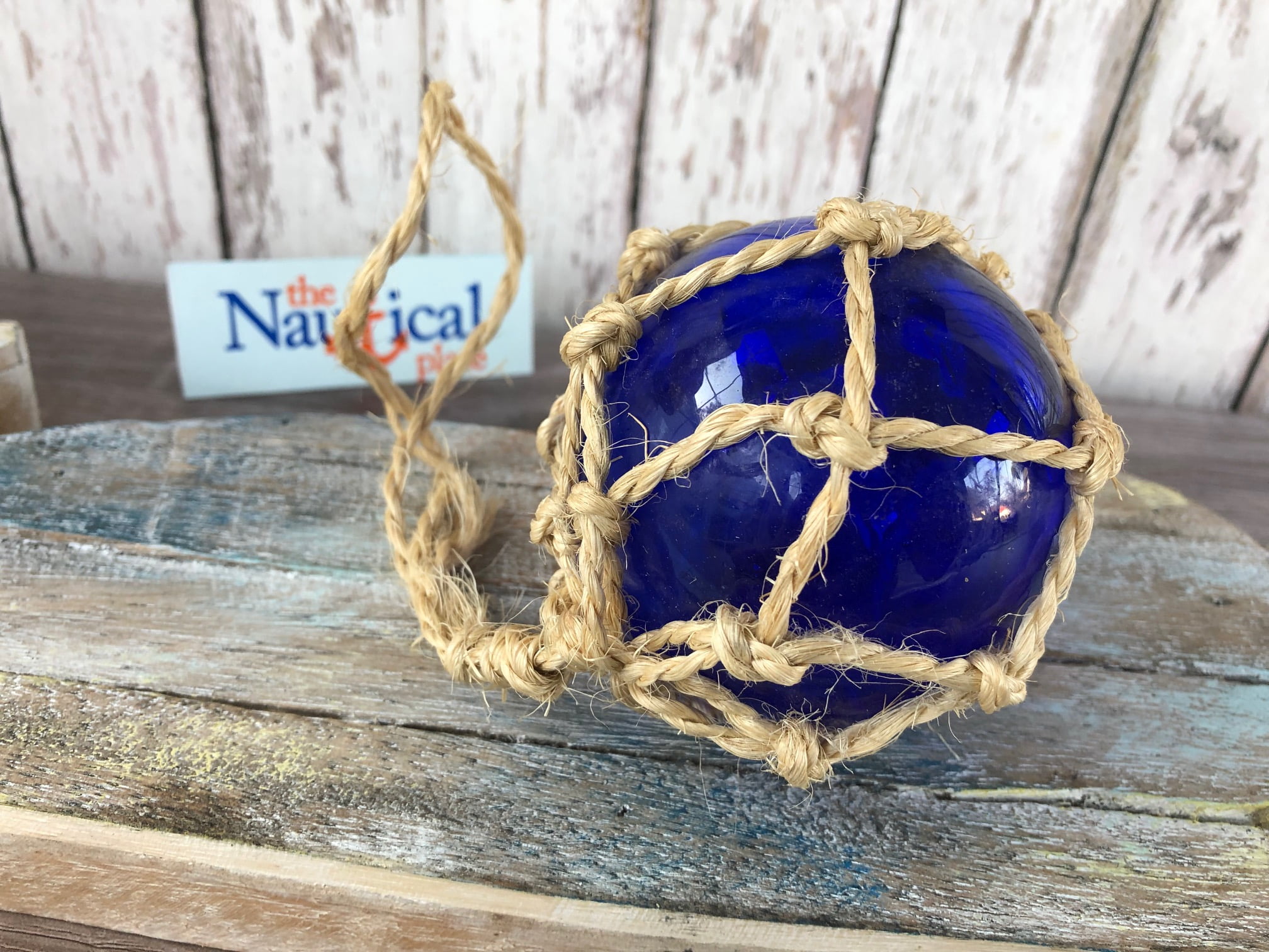REPRODUCTION COBALT BLUE GLASS FLOAT BALL BUOY WITH FISHING NET 2/" #F-362