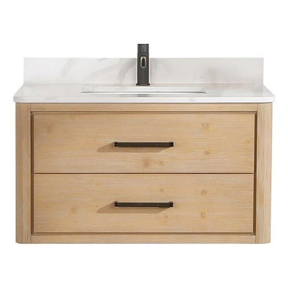 Pemberly Row 36"W Wood Brown Single Bath Vanity w/ Fish Maw White Quartz Stone