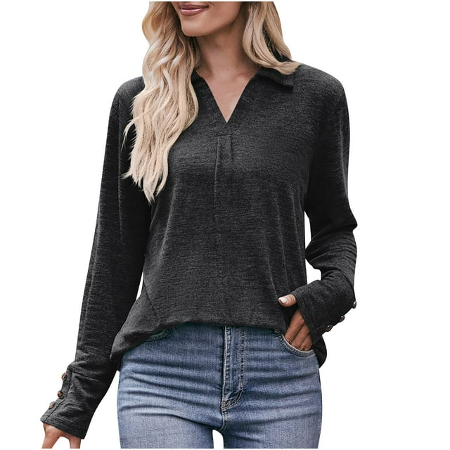 Yuyuzo Womens T Shirts Long Sleeve Tops V Neck Shirts Solid Color Basic Tees Tops Blouses
