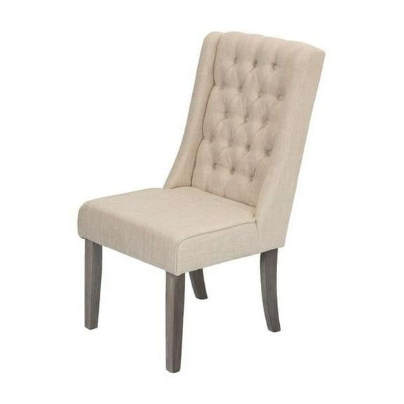 Rustic Gray Dining Chairs (Set of 2) with Beige Linen Fabric Tufted Seats