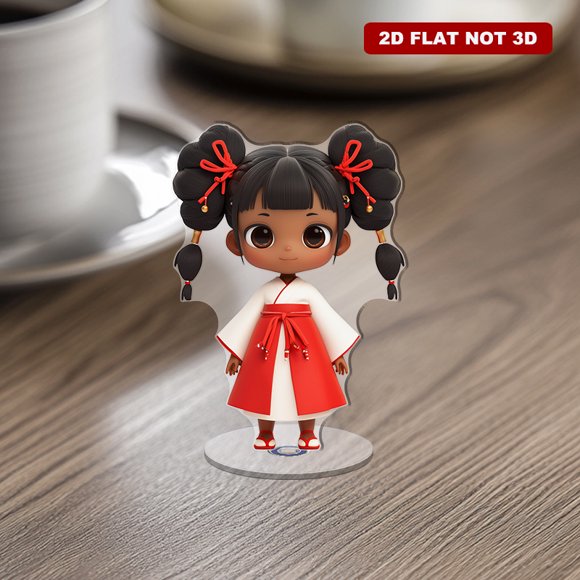 Rotating acrylic display featuring a chibi character design with Q-style proportions in a vermilion hanfu dress and cheerful large eyes