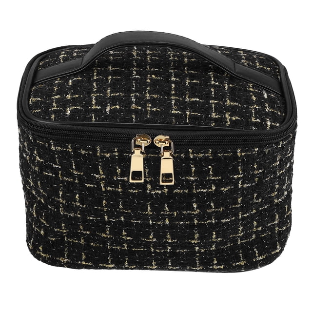 Bolsa de maquillaje Unique Bargains grande organizadora de brochas de lana Patrón a cuadros negro 22x14x14cm