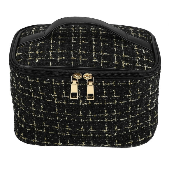 Bolsa de maquillaje Unique Bargains grande organizadora de brochas de lana Patrón a cuadros negro 22x14x14cm