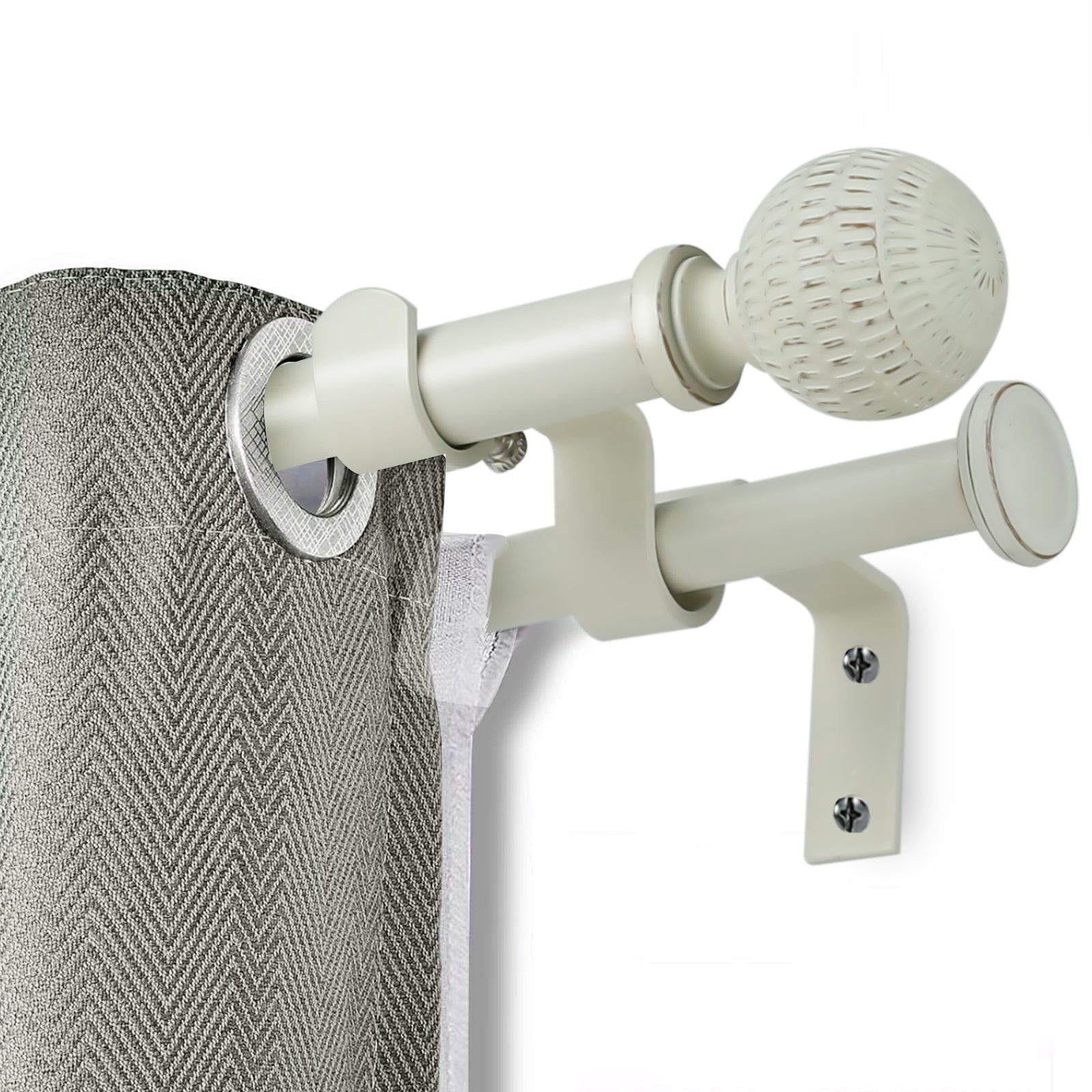 Ridicili 5/8" Telescoping Double Curtain Rods with Reticulated Ball Finials, Weathered White, 84"-120", 5/8 Inches Front and 1/2 Inches Back Double Window Drapery Rod