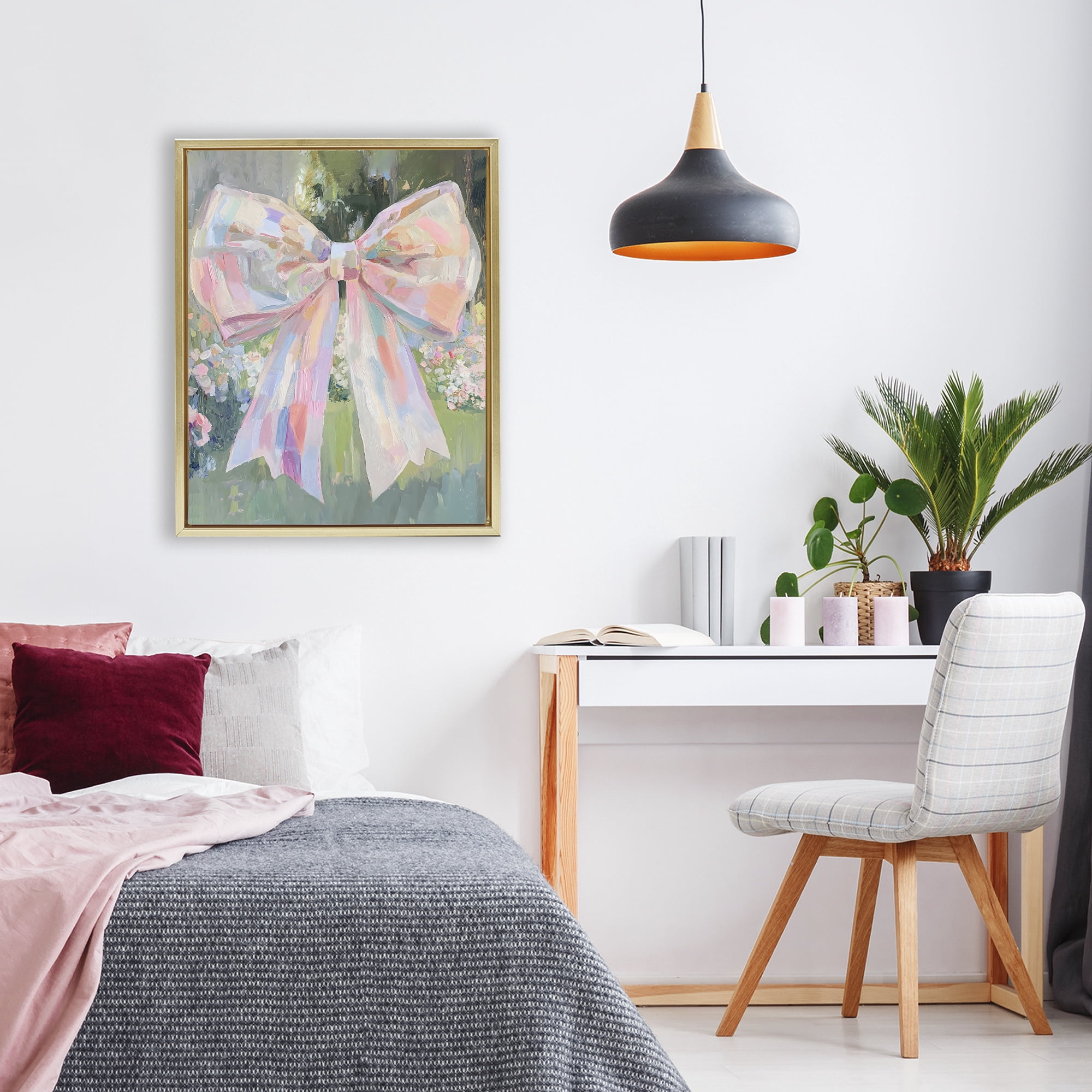 Stupell Industries Iridescent Pink Bow in Garden Gold Framed Floater Canvas Wall Art, design by The Prints Vibe