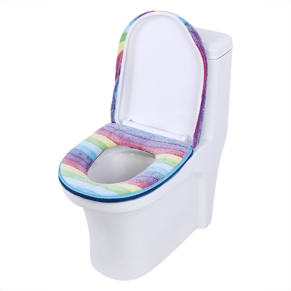Tebru 2pcs/set Warm Soft Coral Velvet Toilet Seat Lid Cover Set Rainbow