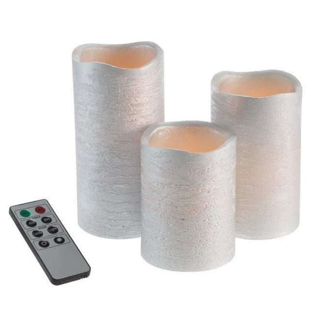 Lavish Home 80-FC1003 Flameless LED Powered Pillar Candles with Remote (Set of 3), Silver Metallic