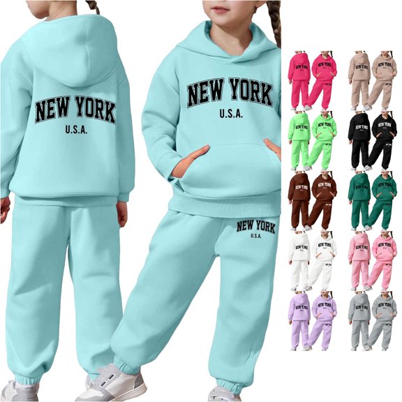 RMGVDSD Girl'S Graphic Sweatsuit Hoodie Sweatpants Sets Girls Fall Outfits Letter Print Long Sleeve Hooded Sweatshirts Pants 2 Piece Set 8-9 Years