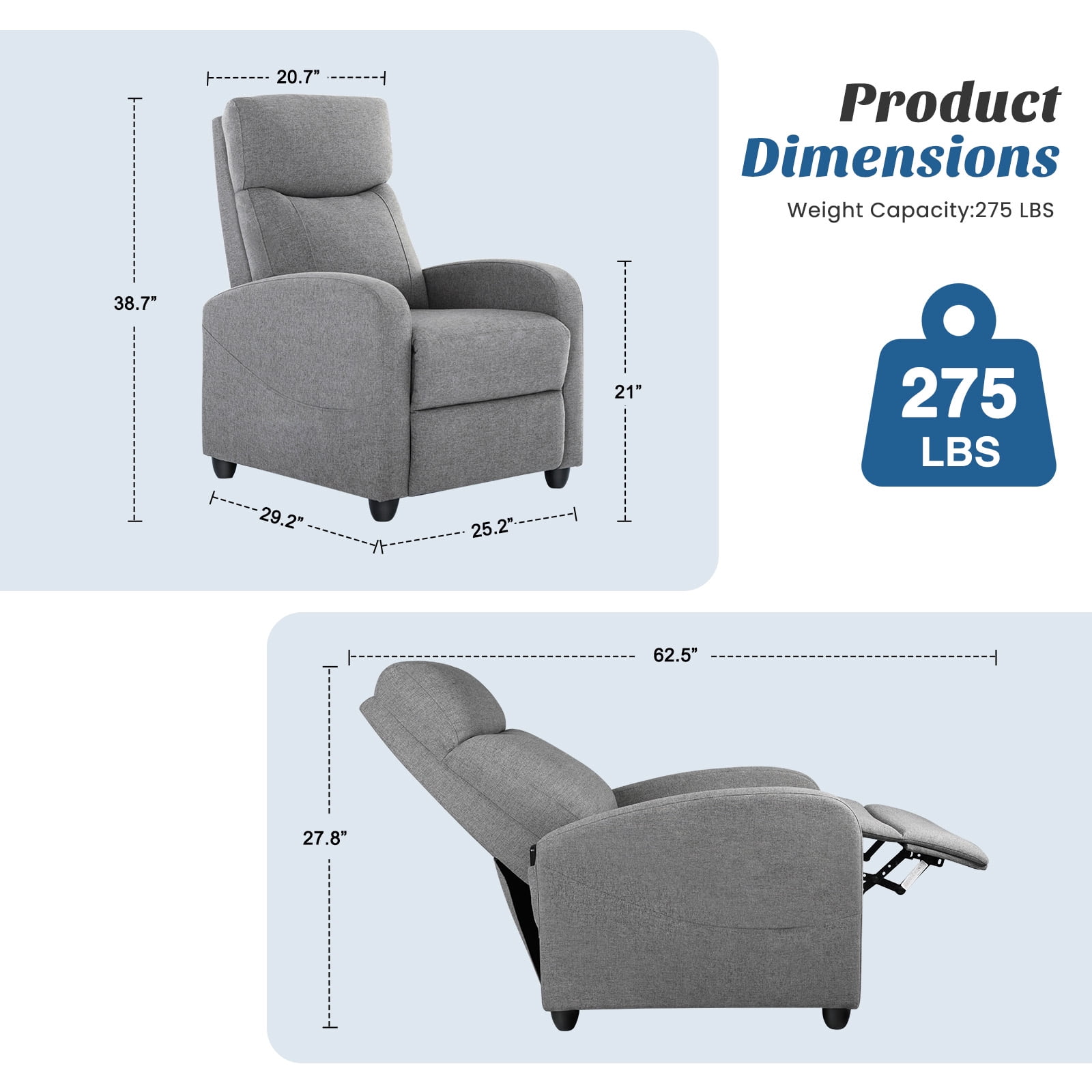 JIOABL Recliner Sofa, Adjustable Comfort Footrest for Living Room, Lounge, Bedroom, Gray