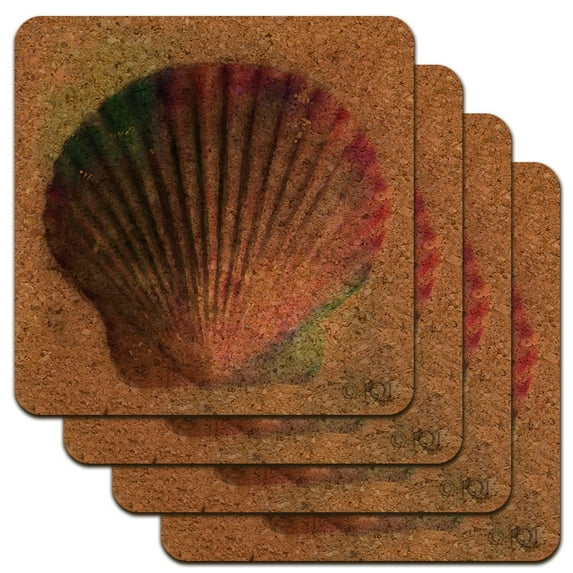 Shell Watercolor Beach Sand Tropical Low Profile Novelty Cork Coaster Set