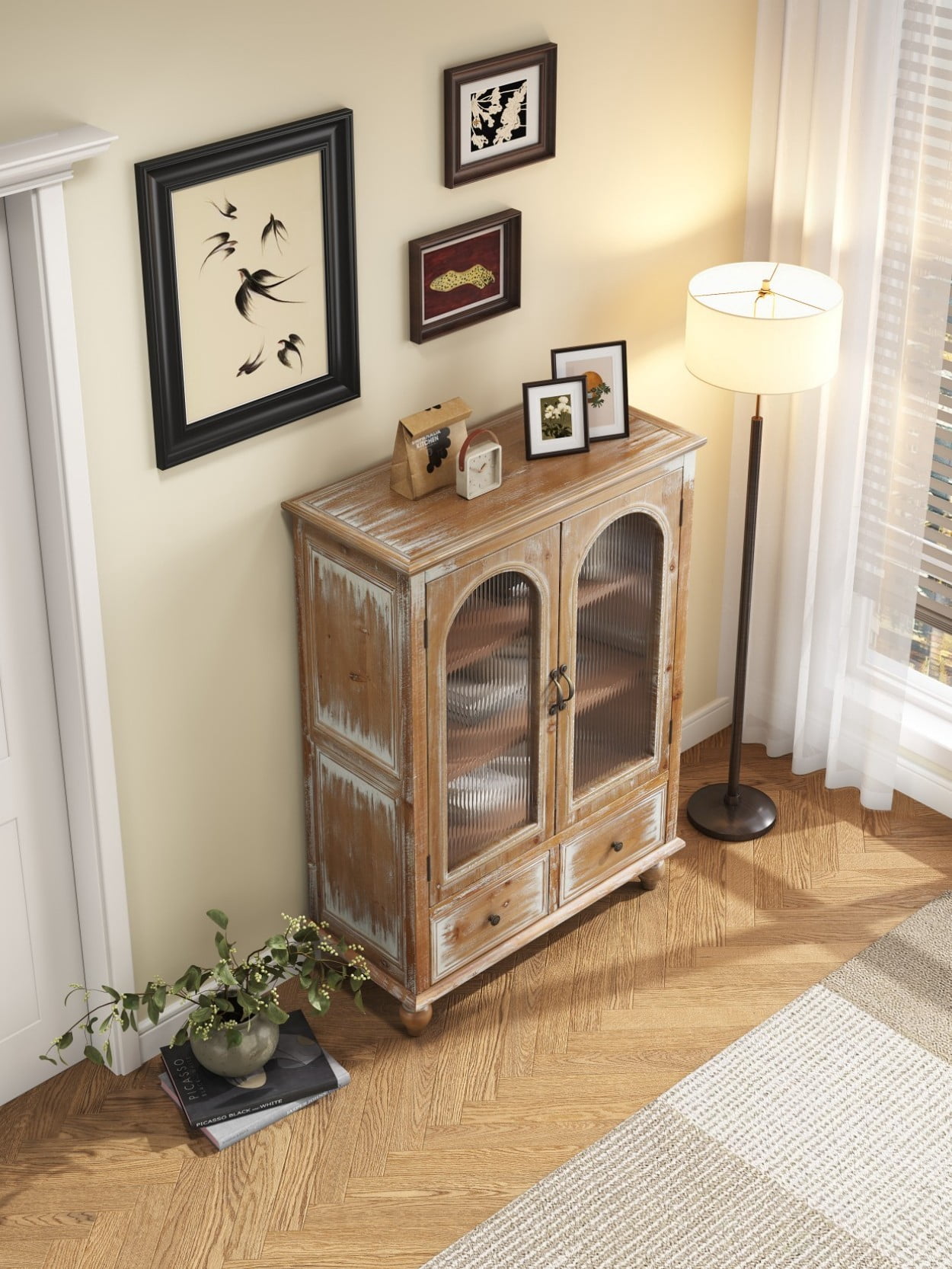 Farmhouse Storage Cabinet, Rustic Kitchen Pantry Cabinet with 2 Glass Doors, 2 Drawers, Adjustable Shelves, Freestanding Buffet Cupboard, Vintage Hutch Cabinet, Antique Brown