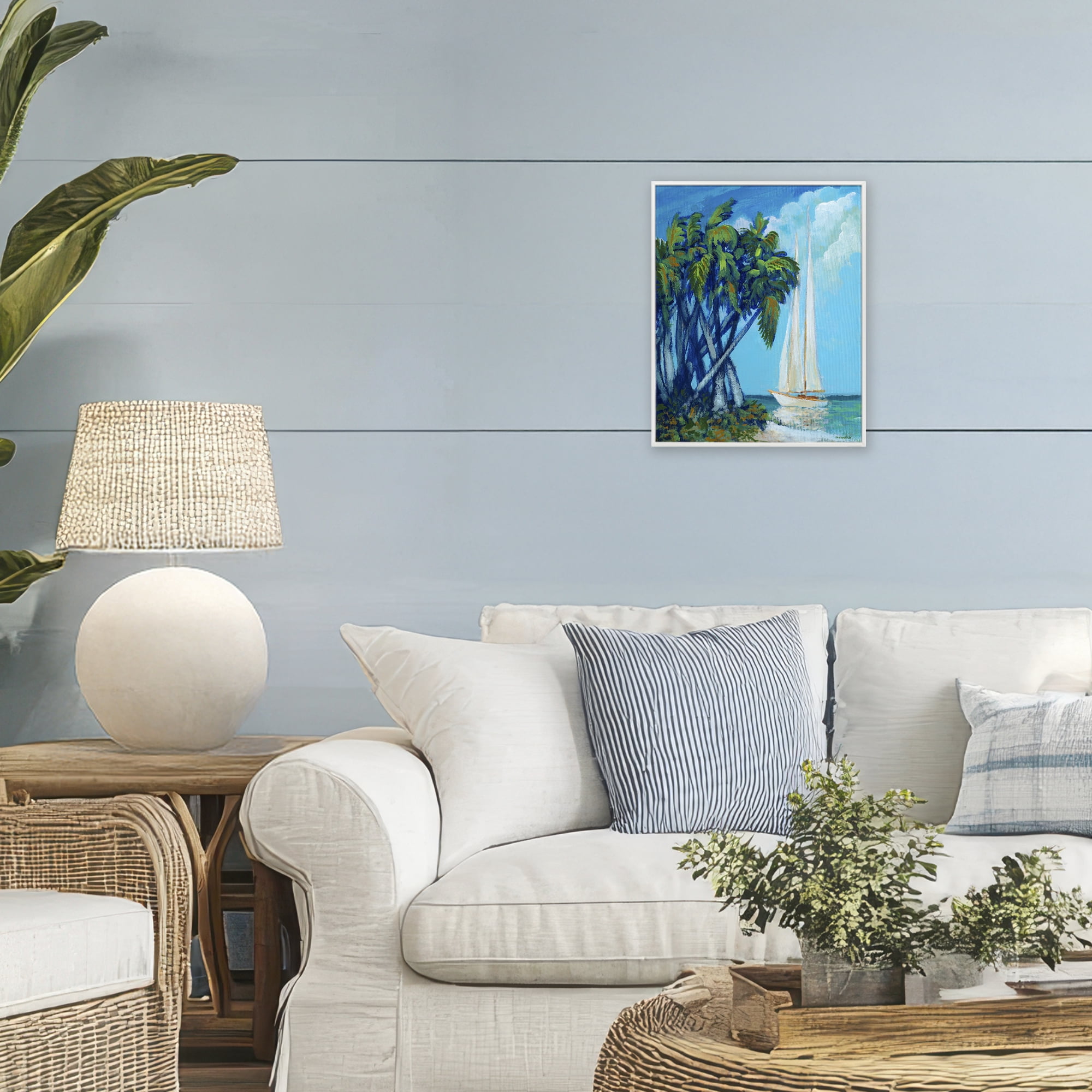 Stupell Industries Sailboat & Twisted Palms White Framed Giclee Art, design by Dan Meneely