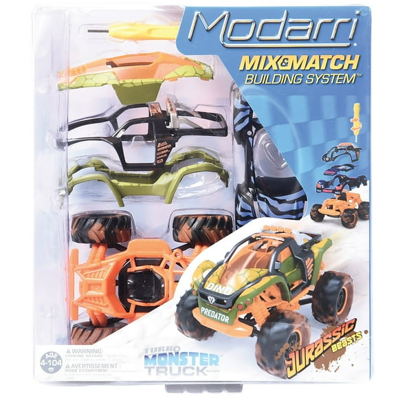 Modarri: Jurassic Beasts Turbo Monster Truck - DIY Design & Build Toy Car, Mix-Match, Customize Your Vehicle, Finger Driving Collectible, Kids Ages 6 