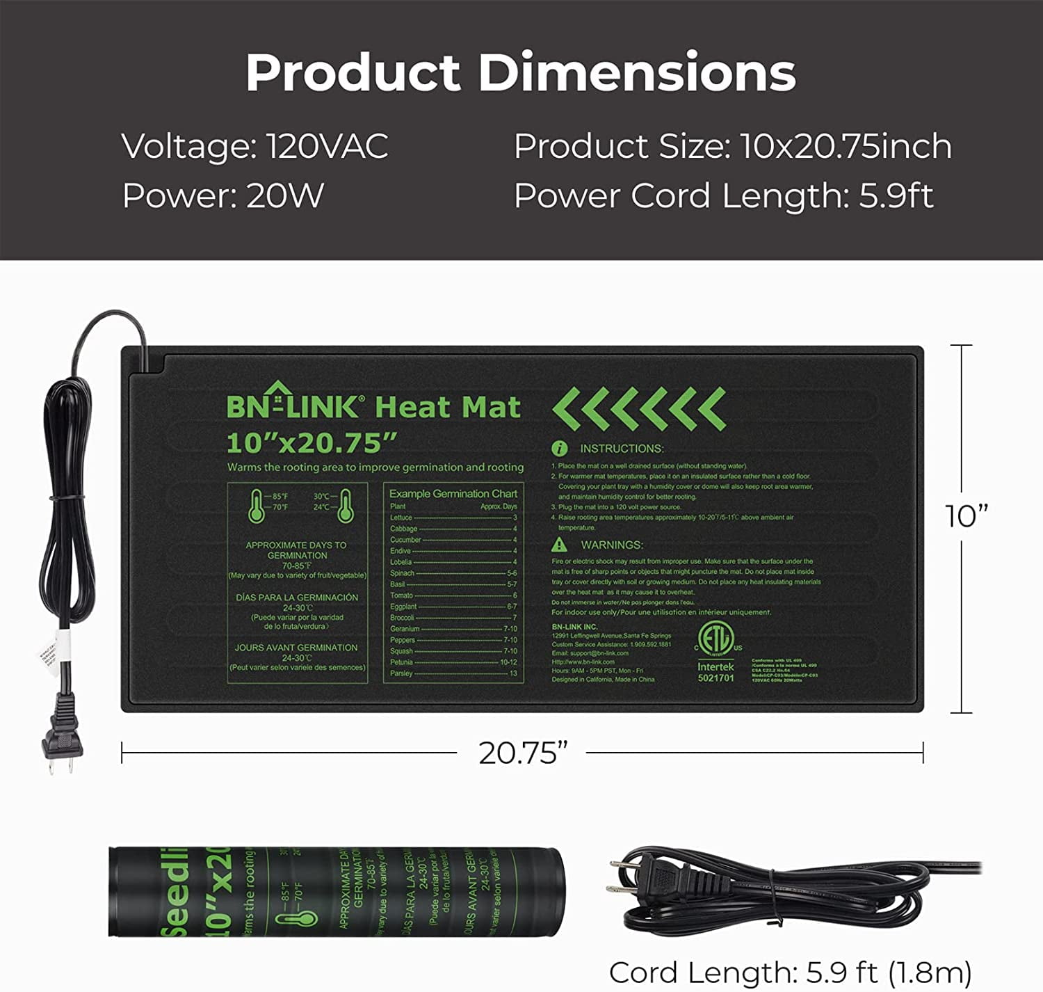 Seedling Heat Mat with Self-Adjusting Dual Digital Display Temperature Controller, 10x20.75 Waterproof Plant Heating Pad for Germination, Hydroponic