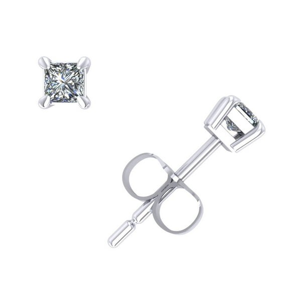 Natural 1/5Ct Princess Cut Diamond Stud Earrings 14k White Gold Prong Push Back GH I1