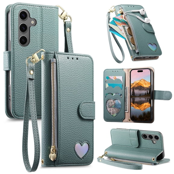 Wallet Case for Samsung Galaxy S25 FE with Credit Card Holder & Wrist Hand Strap & Zipper Pocket, Magnetic Clasp PU Leather Shockproof Flip Kickstand Protective Cover for Samsung Galaxy S25 FE, Blue