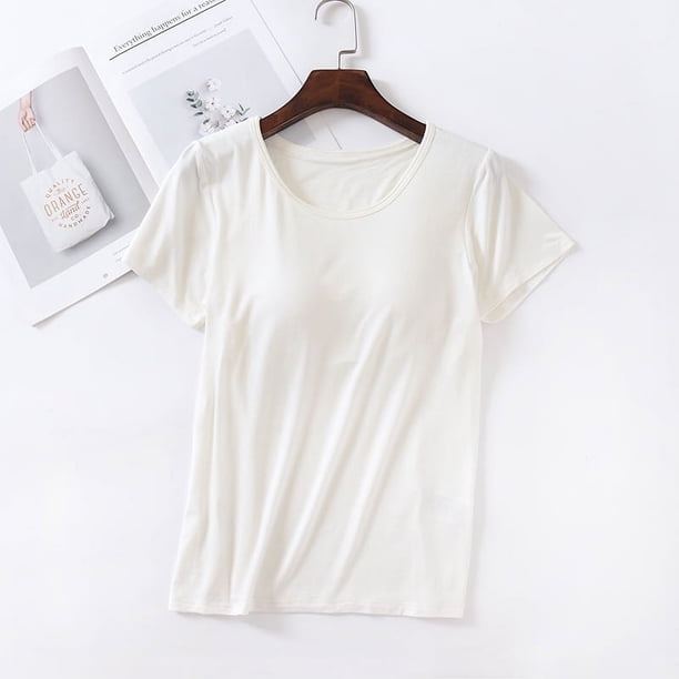 Camiseta de manga corta con almohadilla para el pecho Camiseta de base de una pieza ajustada con copa modal para mujer Top de mujer con cuello redondo Sujetador sin uso