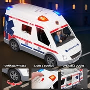 Playkidiz Push & Go Ambulance Toy Playset Emergency Vehicle with Realistic Lights & Sounds, 4 Buildable Figures, Stickers, and Accessories for Ages 3+