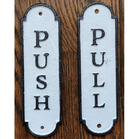 Set Push Pull Door Sign - Push Pull Antique Look (White,CAST Iron, Size 7.25X2.25 INCH) (ref-2201)