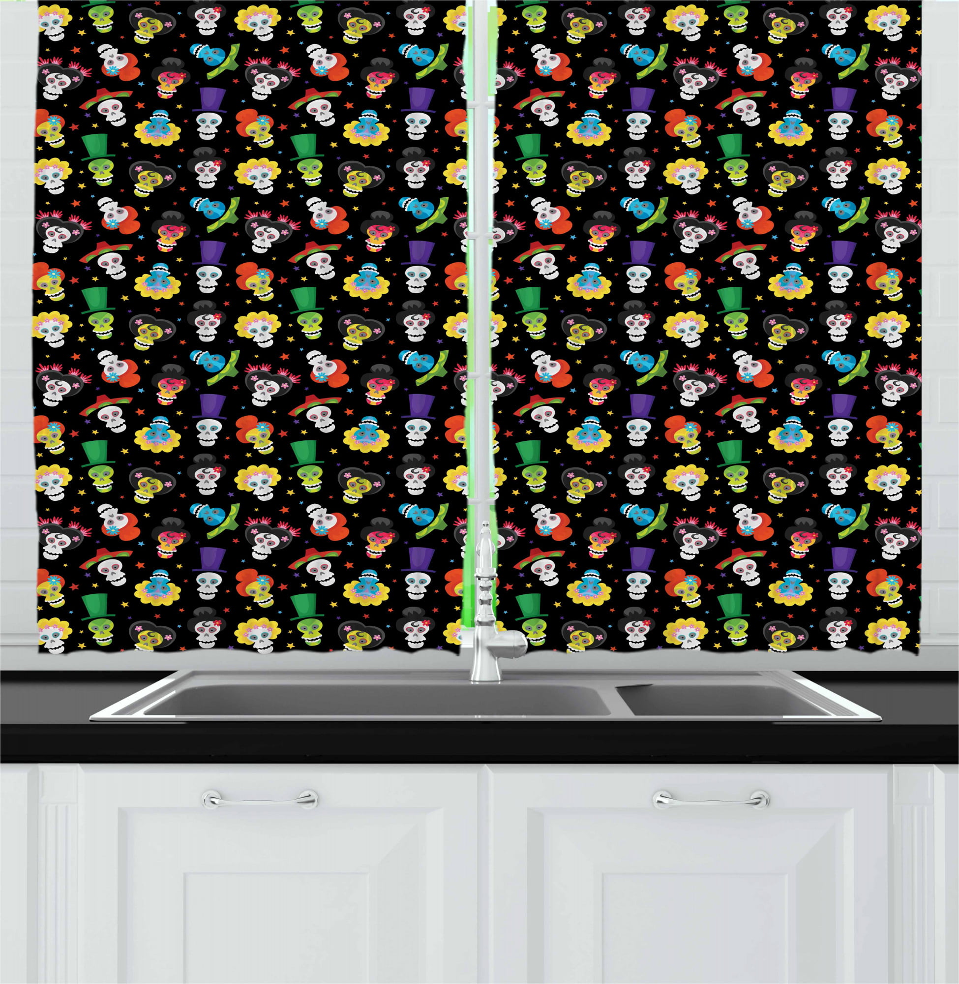 Mexican Sugar Skull Kitchen Curtains 2 Panel Set Window Drapes 55" X 39" 