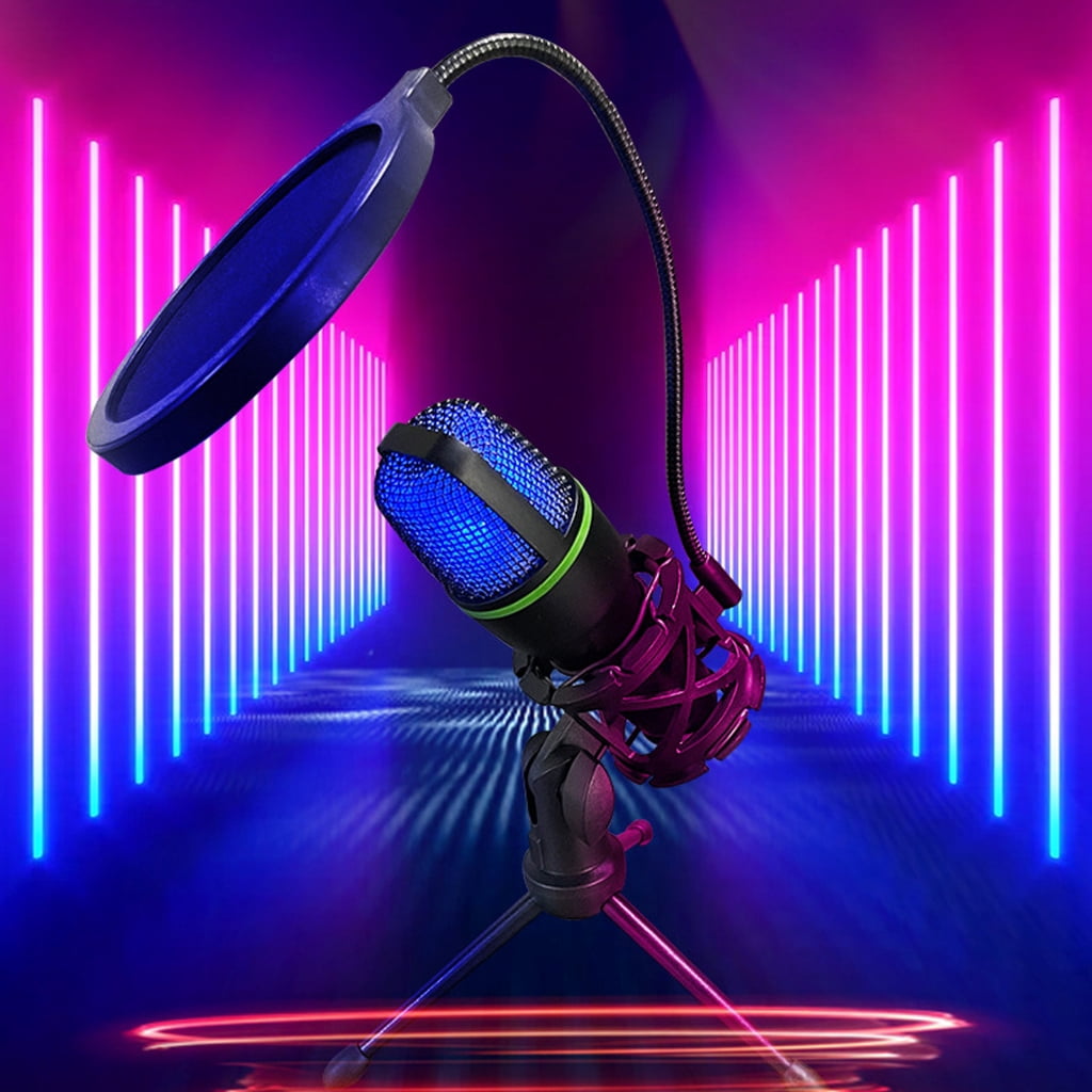 LED Condenser Microphone Professional Mic for Gaming Karaoke Singing and Recording with Stand Plug and Play