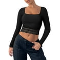 thumbnail image 2 of Women Crop Ribbed Tops Lace Patchwork Square Neck Long Sleeve Shirt for Club Streetwear Aesthetic Grunge Clothes, 2 of 8