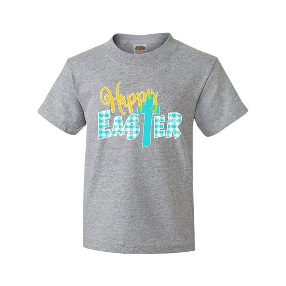 Inktastic Happy Easter with Cross in Teal Plaid Youth T-Shirt