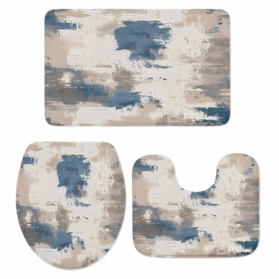 Brown Blue Bath Mat 3 Piece Bathroom Rug Set, Vintage Abstract Art Modern Non Slip Bath Rug Contour Mat and Toilet Lid Cover, Absorbent Shower Mats Soft Bath Rugs and Mats Sets