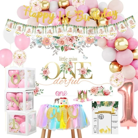 

PYCALOW First Birthday Decorations Girl - 1st Birthday Girl Decorations Include Balloon Garland Arch