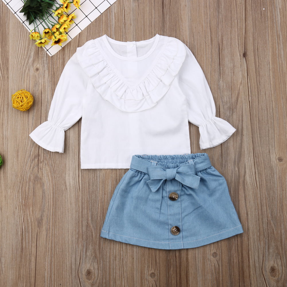 2pcs Baby Girl 100% Cotton Denim Ruffle Trim Overall Dress and Statement Collar Long-sleeve Gingham Shirt Set